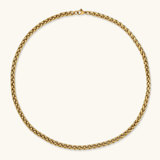 18K gold-plated stainless steel wheat chain necklace, 4.2mm wide, with lobster clasp, on off-white background.